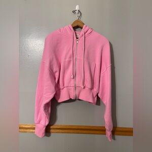 Zara Pink Cropped Zip Up Hoodie Sweatshirt Large